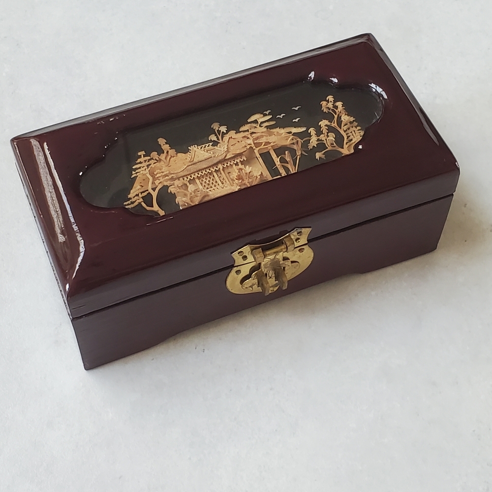 Chinese Cork Art Diorama Scene Wood Frame Vanity Vintage Laquered Jewelry Box